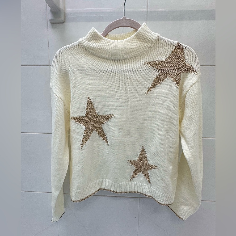 Cream and Gold Sparkly Star Mock Neck Sweater